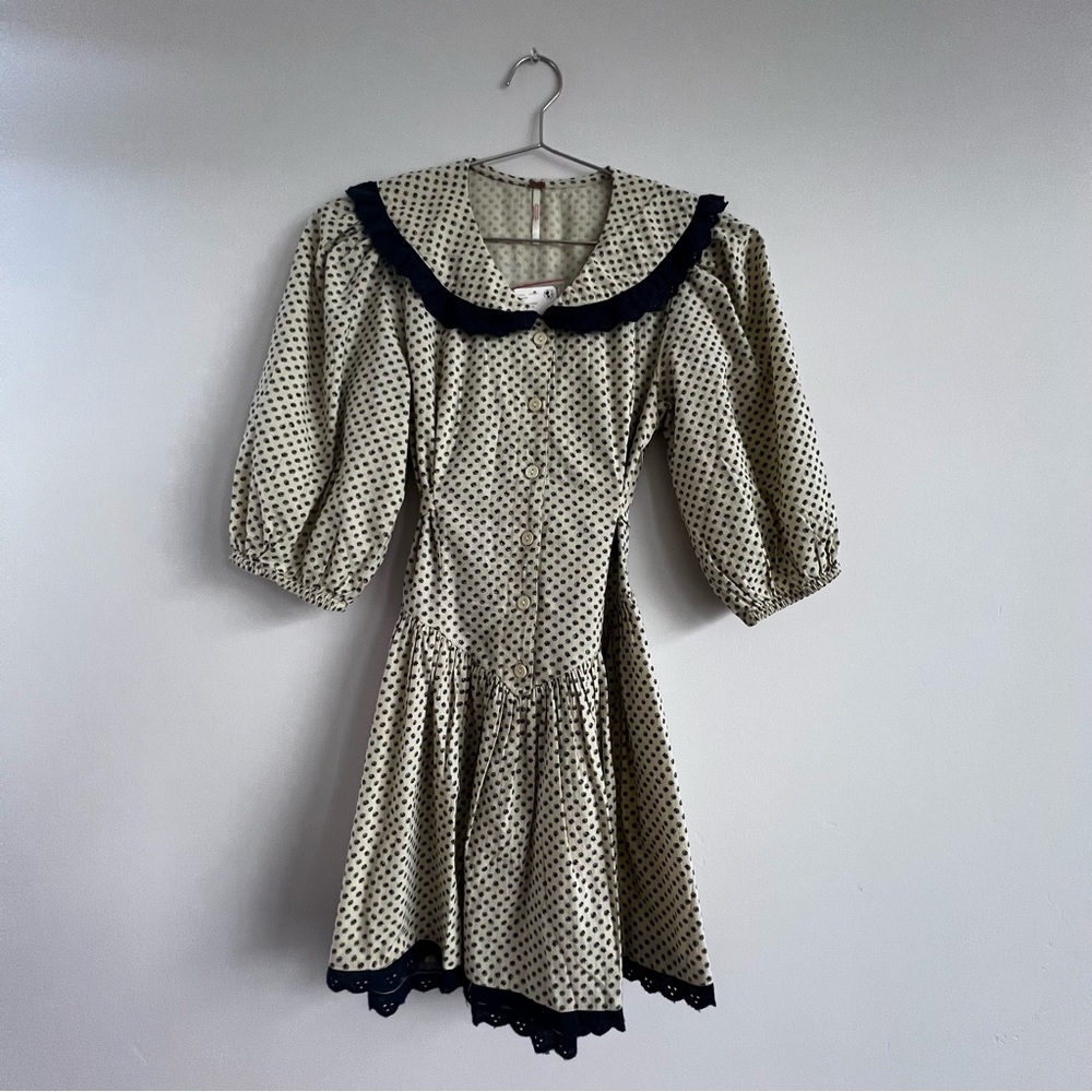 Free People Cream Floral Pattern Mini Dress with Blue Trim
